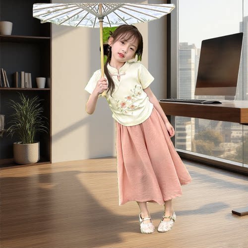 棉质女童夏季古风汉服阔腿裤两件