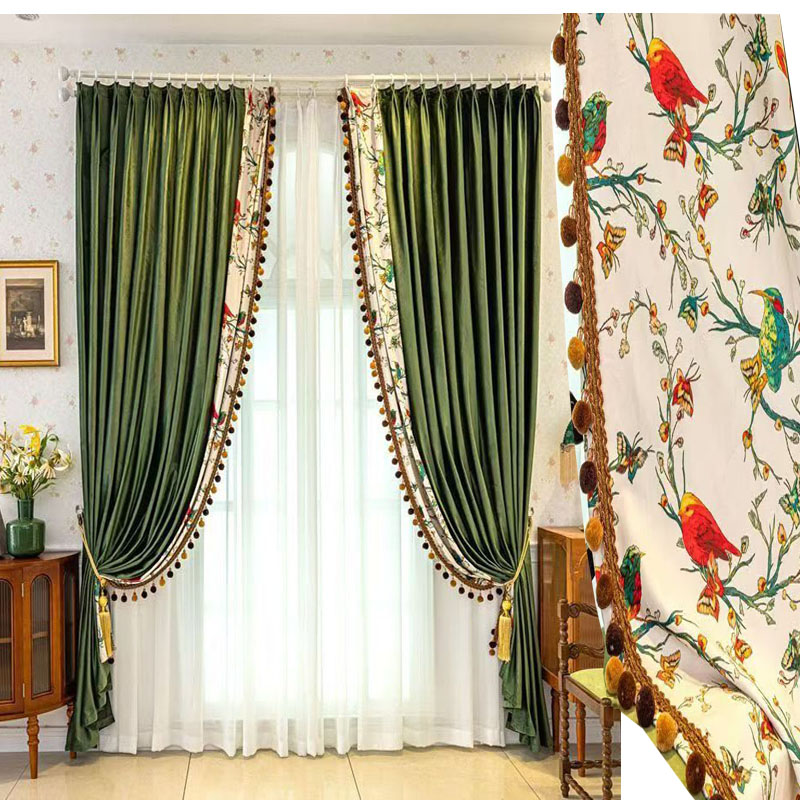复古中式轻奢喜鹊登枝高档大气法式美式绿色客厅卧室遮光定制窗帘
