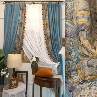 复古美式轻奢风叶子百搭高档简约后现代客厅房间安装定制蓝色窗帘