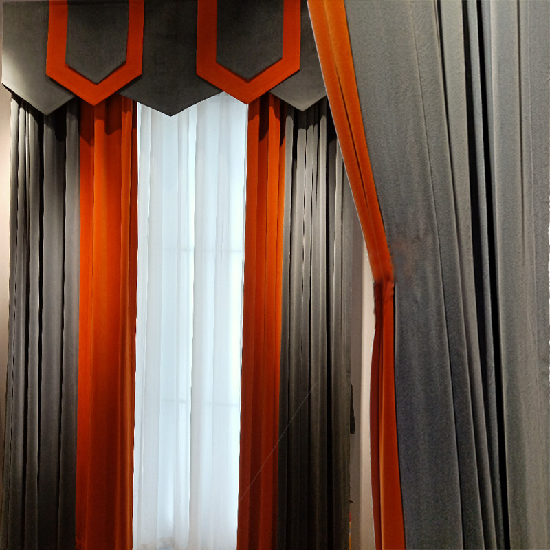 原创高档灰色拼接橙色新中式美式轻奢风卧室客厅遮光安装定制窗帘