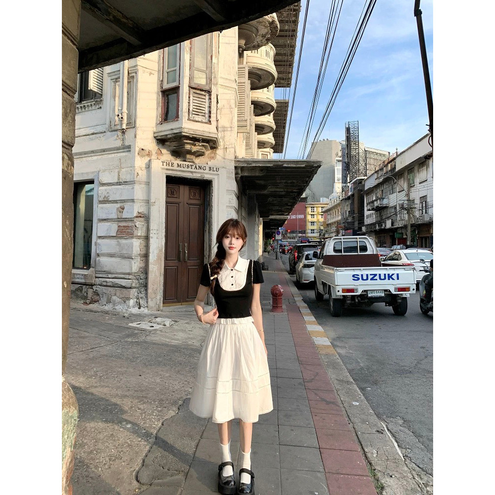 WGWE-翻领小衫+甜美风套装白色半身裙中裙学院风两件套套装W6312