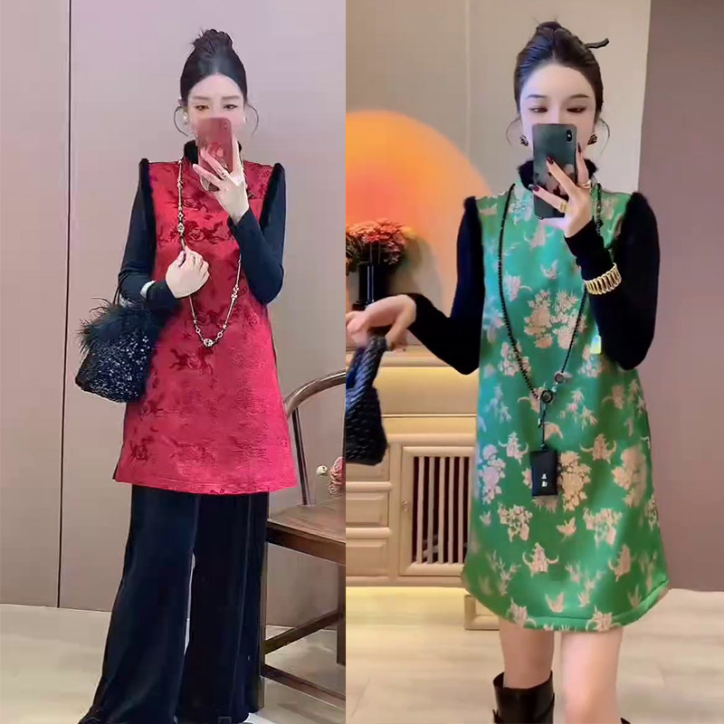2025秋冬大码女装时尚气质国风洋气棉马甲连衣裙打底衫减龄两件套