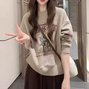 复古印花圆领卫衣女秋冬加绒胖mm宽松显瘦减龄上衣潮 300斤大码