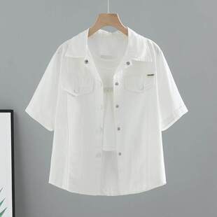 女夏季 衬衫 宽松纽扣别致Polo领上衣 设计感小众短袖 胖mm300斤大码