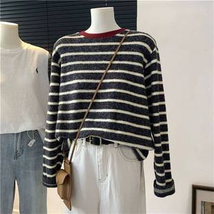 t恤女秋冬宽松内搭打底衫 长袖 上衣 假两件磨毛条纹袖 胖mm300斤大码