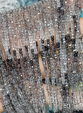 2MM天然水晶 高品质黑发晶渐变方糖散珠半成品手链项链配件配珠