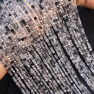 2MM 天然黑发晶方糖 立方块钻石面散珠 硬抛切面四方形半成品饰品