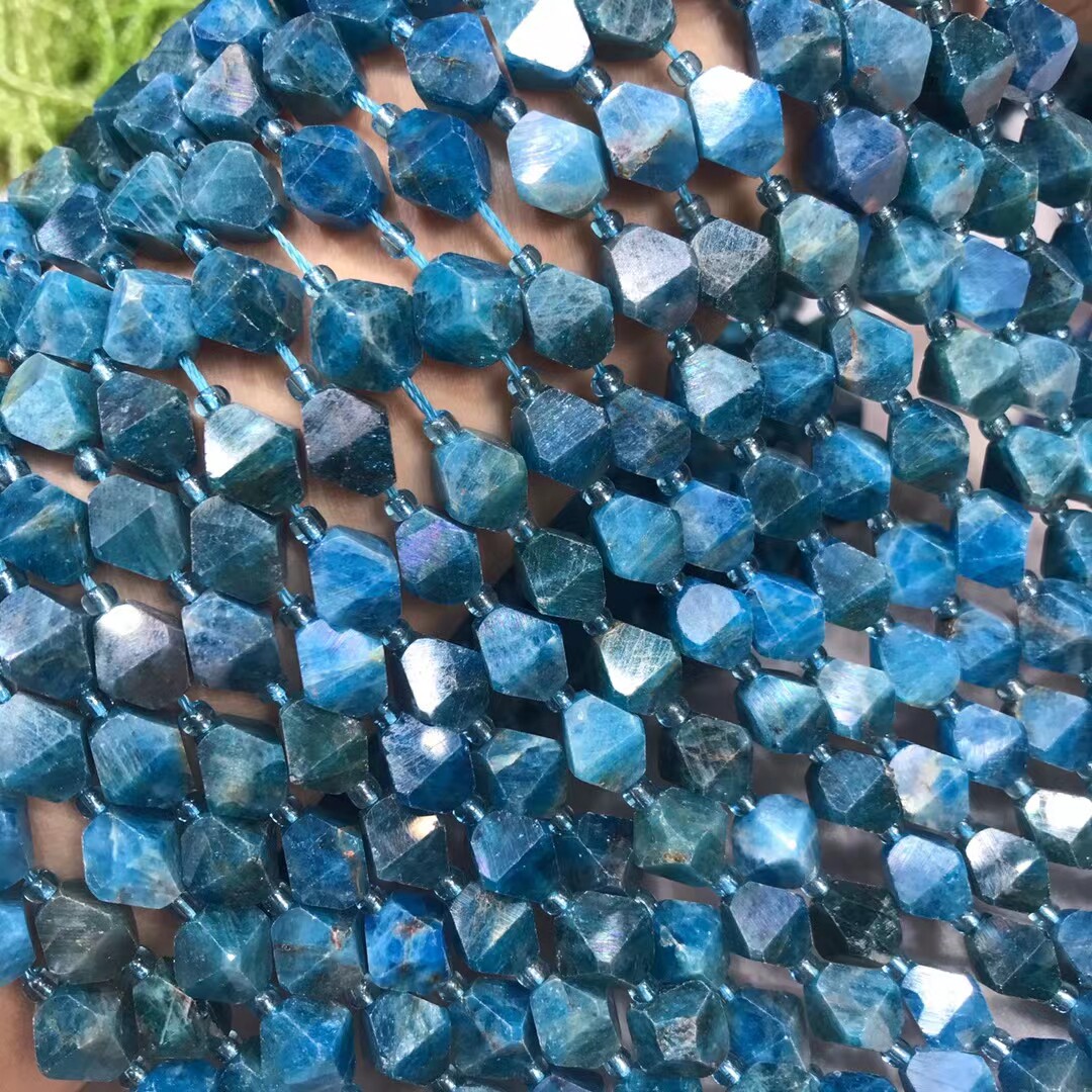 天然水晶 大颗粒蓝磷灰八面棱型钻石刻面切面散珠子半成品diy配珠