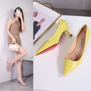 红底裸色高跟鞋5cm软底不累脚尖头细跟百搭职业中跟黑色工作鞋女