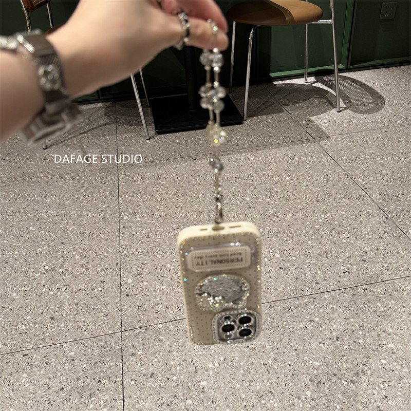 ins奶白闪钻可爱猫咪镜面支架链条适用苹果14Promax手机壳16女13pro苹果15promax韩15