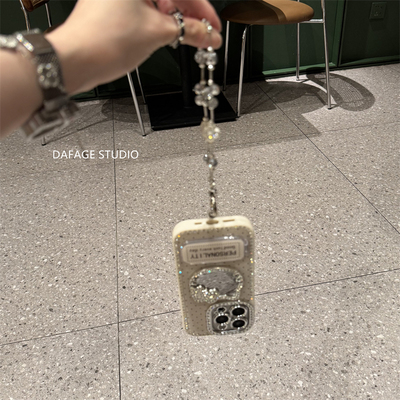 ins奶白闪钻可爱猫咪镜面支架链条适用苹果14Promax手机壳16女13pro苹果15promax韩15