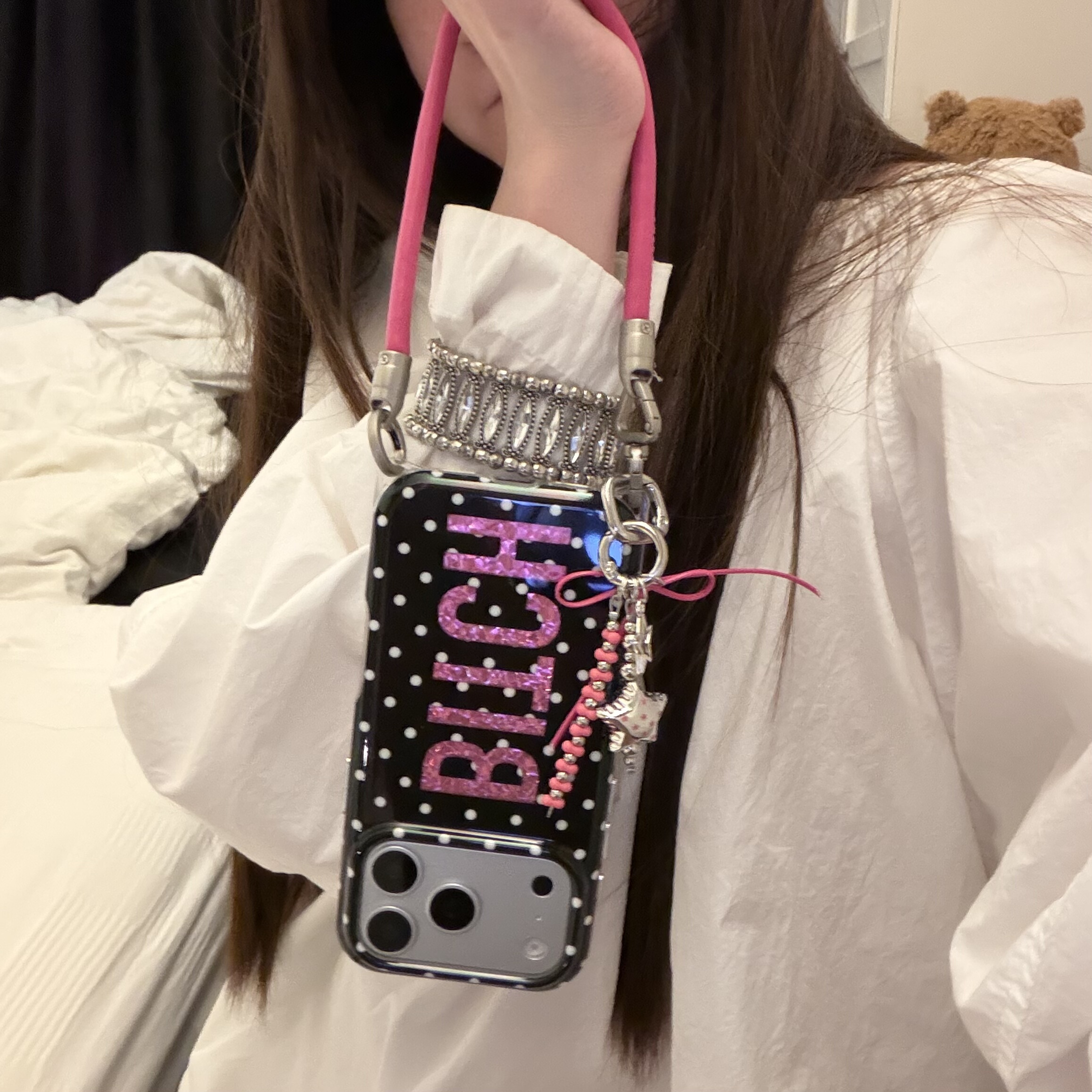 韩系ins同款气质玫红波点黑闪皮质星星手提适用15Promax手机壳16女16pro苹果17promax韩15女17Pro