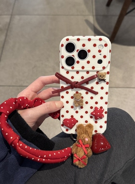 ins韩系可爱复古红波点小熊蝴蝶结气质手提适用苹果14Promax手机壳16女16pro苹果17promax韩15苹果17