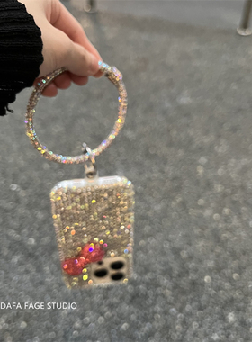 闪钻粉蝴蝶结满钻手环腕带适用苹果14Promax手机壳16女13pro苹果15promax韩15