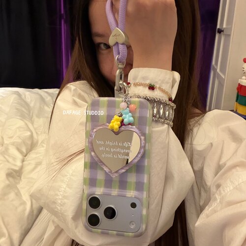 格子镜面爱心支架链条适用18romax手机壳16女16pro 17promax韩15女17Pro小众15Pro