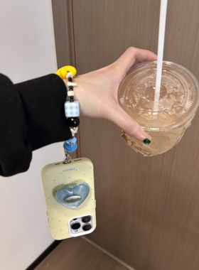 ins日系撞色奶油黄波点蓝色闪粉英文支架卡通手提适用苹果14Promax手机壳16女16pro苹果17promax韩15苹果17