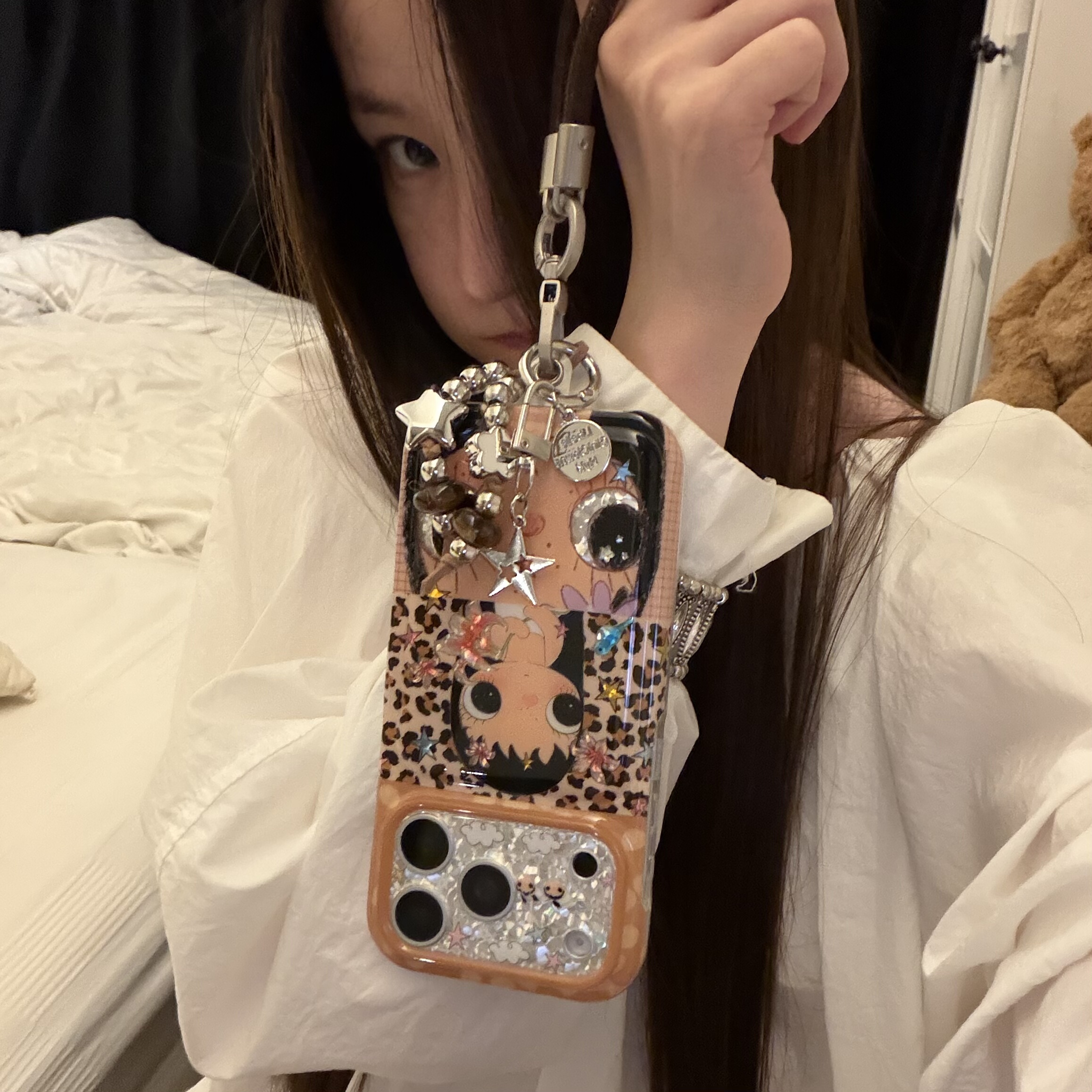 韩系ins气质棕豹纹闪粉可爱女孩深咖水晶星星短绳适用15Promax手机壳16女16pro苹果17promax韩15女17Pro