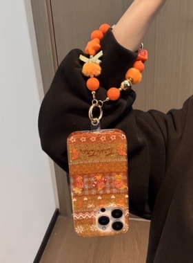 ins卡通闪粉橙色毛绒手提星星适用苹果14Promax手机壳16女16pro苹果17promax韩15苹果17