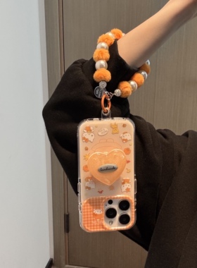 ins日韩闪粉英文支架橙色毛绒珍珠手提适用苹果14Promax手机壳17女16pro苹果17promax韩15\13