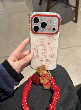 ins韩系可爱复古红波点兔兔爱心手提适用苹果14Promax手机壳16女16pro苹果17promax韩15苹果17