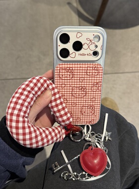 ins韩系复古红格气质可爱凯蒂充棉格子手提适用苹果14Promax手机壳16女16pro苹果17promax韩15苹果17