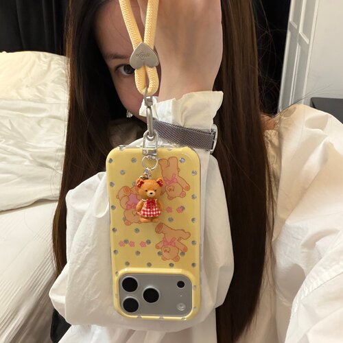 奶黄波点小熊链条适用18romax手机壳16女16pro 17promax韩15女17Pro小众15Pro