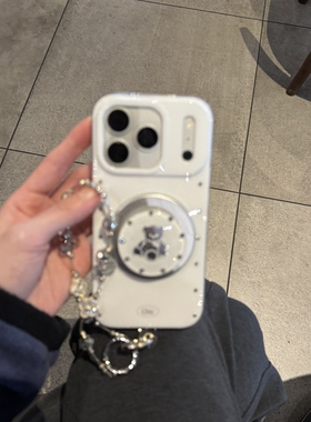 ins韩系纯白小熊气质磁吸支架水钻手提适用苹果14Promax手机壳16女16pro苹果17promax韩15苹果17