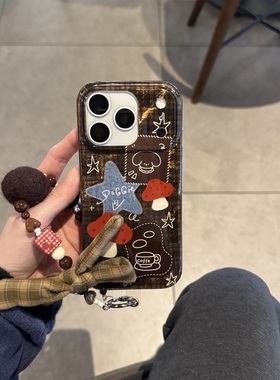 ins气质牛仔刺绣潮牌格纹蝴蝶结可爱手提适用苹果14Promax手机壳16女16pro苹果17promax韩15苹果17