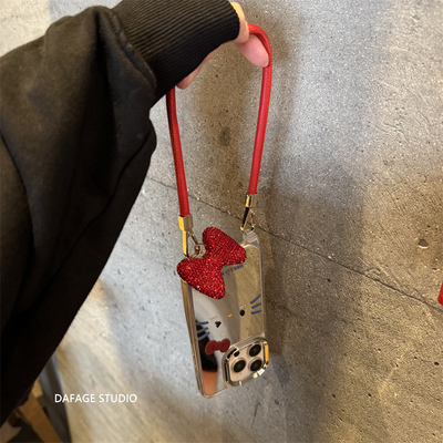 ins镜面可爱猫咪闪钻蝴蝶结手提适用苹果14Promax手机壳16女13pro苹果15promax韩17promax