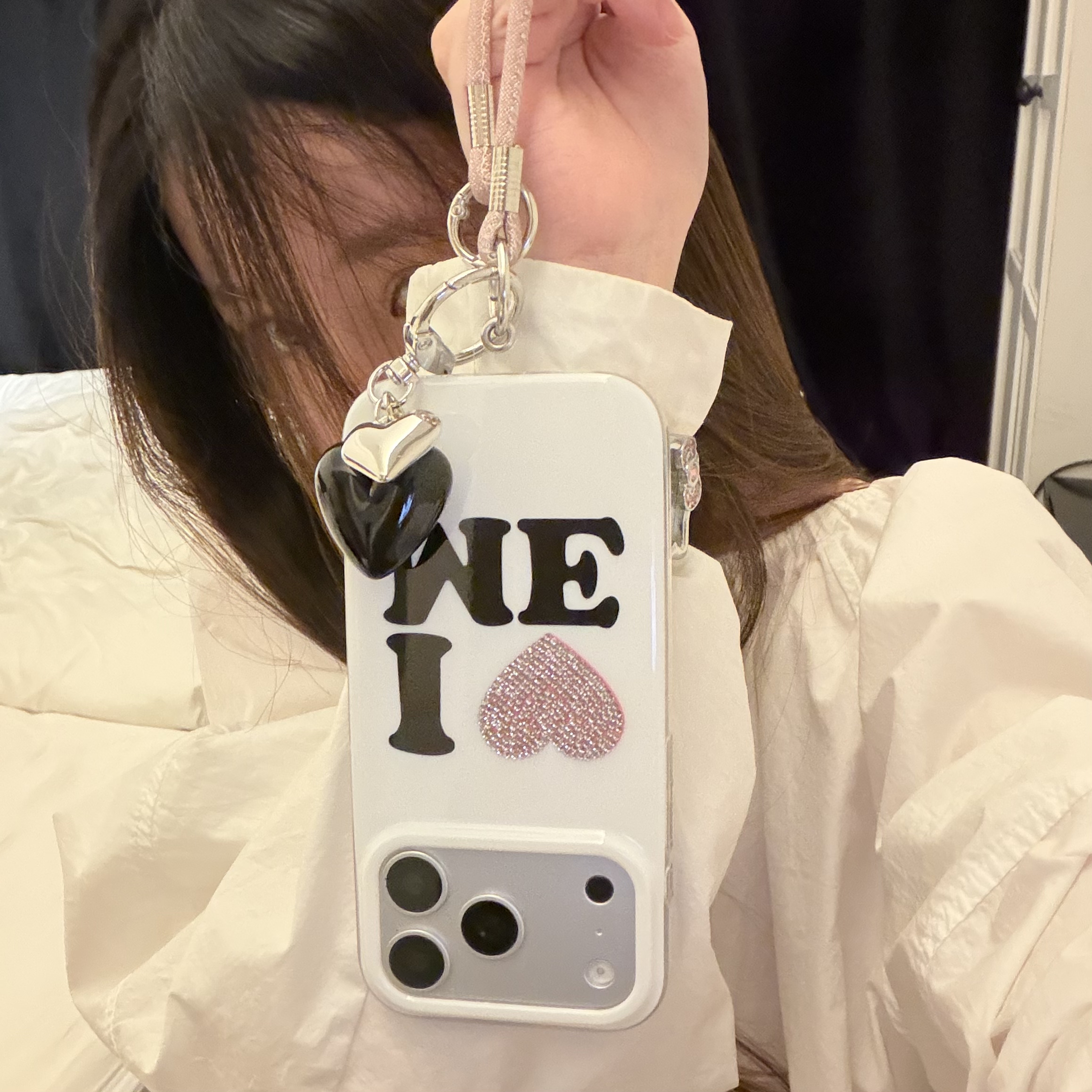 韩系ins气质闪粉英文纯白爱心粉闪手提适用18romax手机壳16女16pro 17promax韩15女17Pro小众15Pro