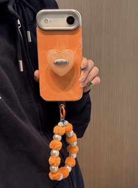 ins日韩气质橙色爱心闪粉英文支架秋冬毛绒手提适用苹果14Promax手机壳16女16pro苹果17promax韩15苹果17Air