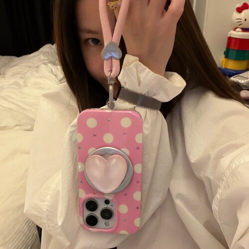 粉波点磁吸爱心支架链条适用18romax手机壳16女16pro 17promax韩15女17Pro小众15Pro