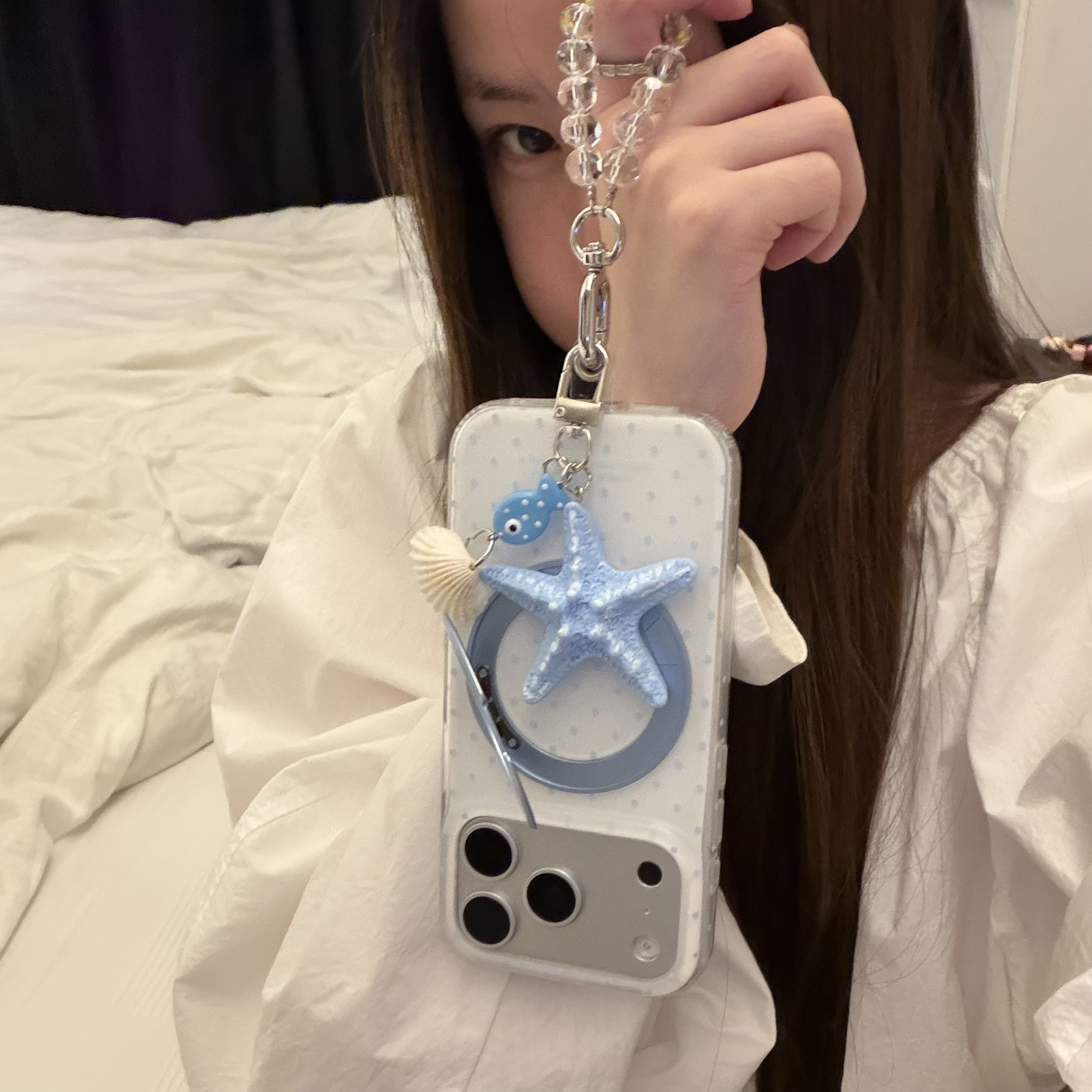 韩系ins奶白气质浅蓝波点自己可爱海星挂件适用苹果15Promax手机壳16女16pro苹果17promax韩15苹果17Pro