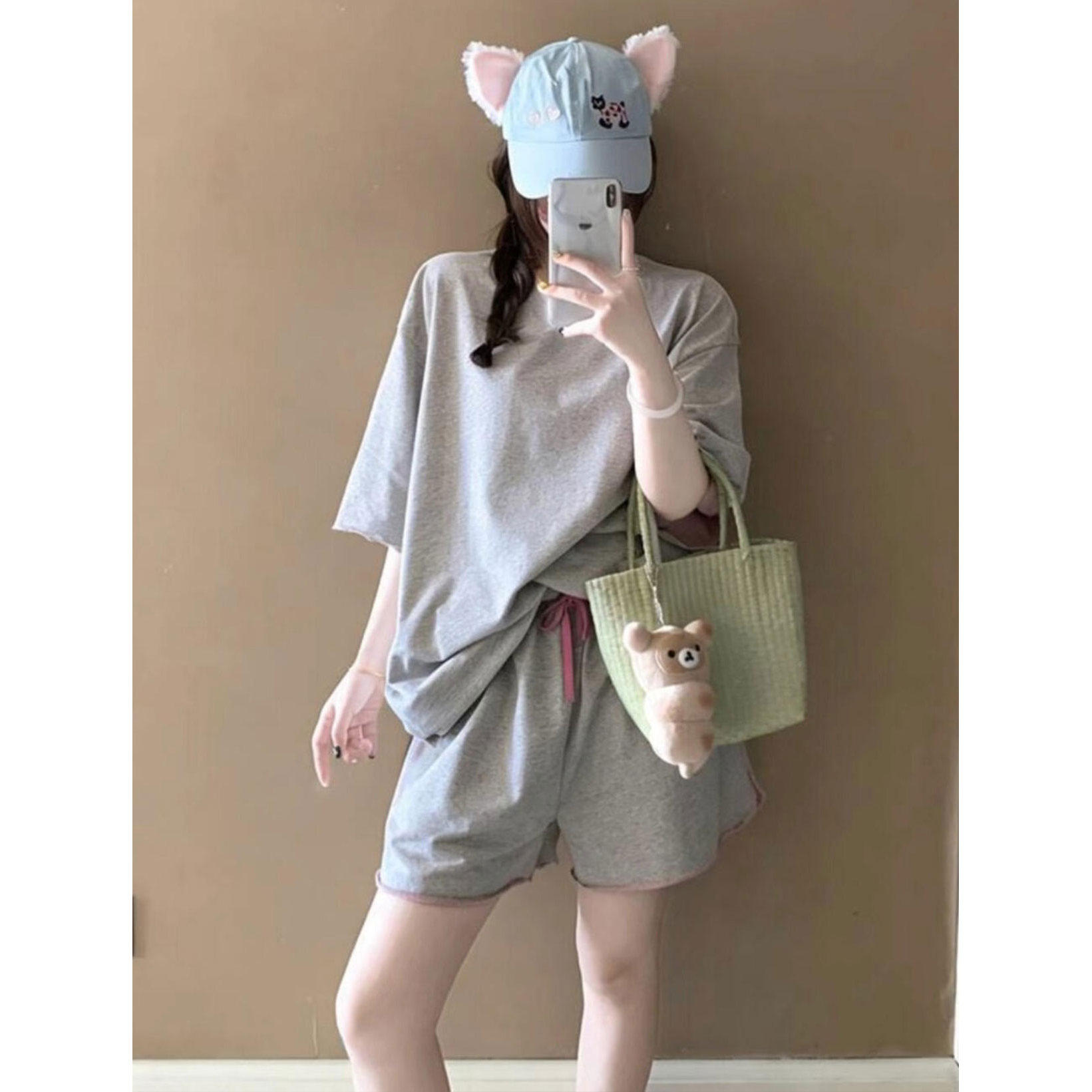 ins韩系可外穿粉灰撞色夏季T恤睡衣女慵懒风春短裤短袖家居服套装