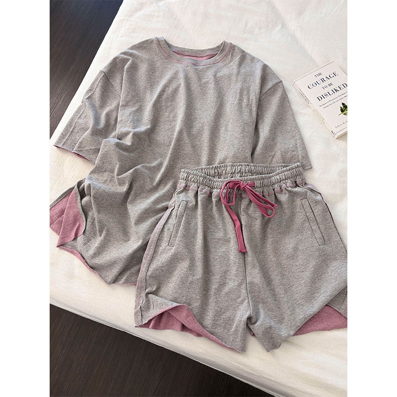 撞色ins韩系可外穿粉灰睡衣夏季T恤女慵懒风春短裤短袖家居服套装