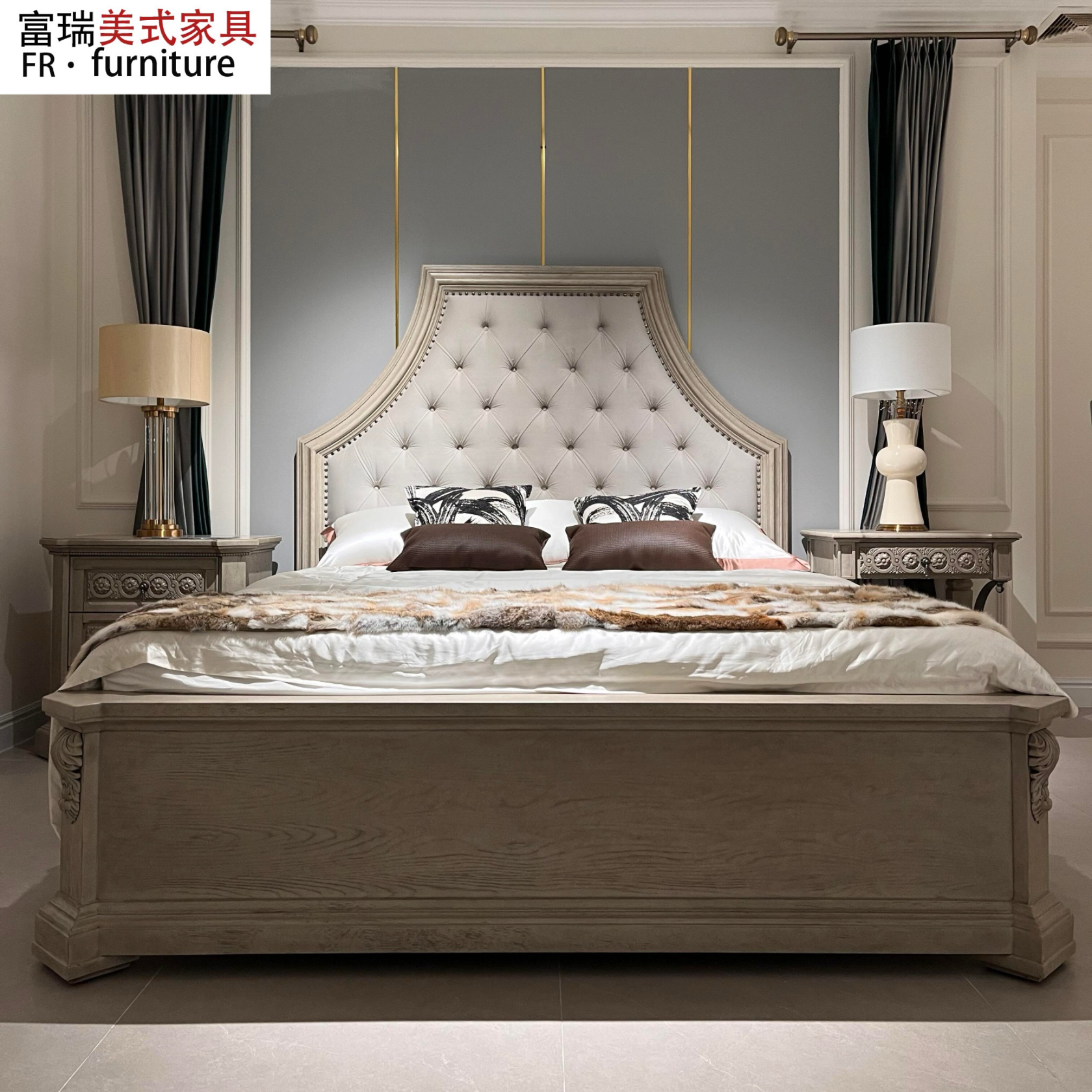 美式art建筑复兴主卧双人床复古实木雕花婚床别墅拉扣1.8米法式床