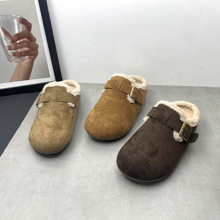 2025冬季新款绒面加绒勃肯鞋包头拖鞋保暖防滑平底女士半拖鞋