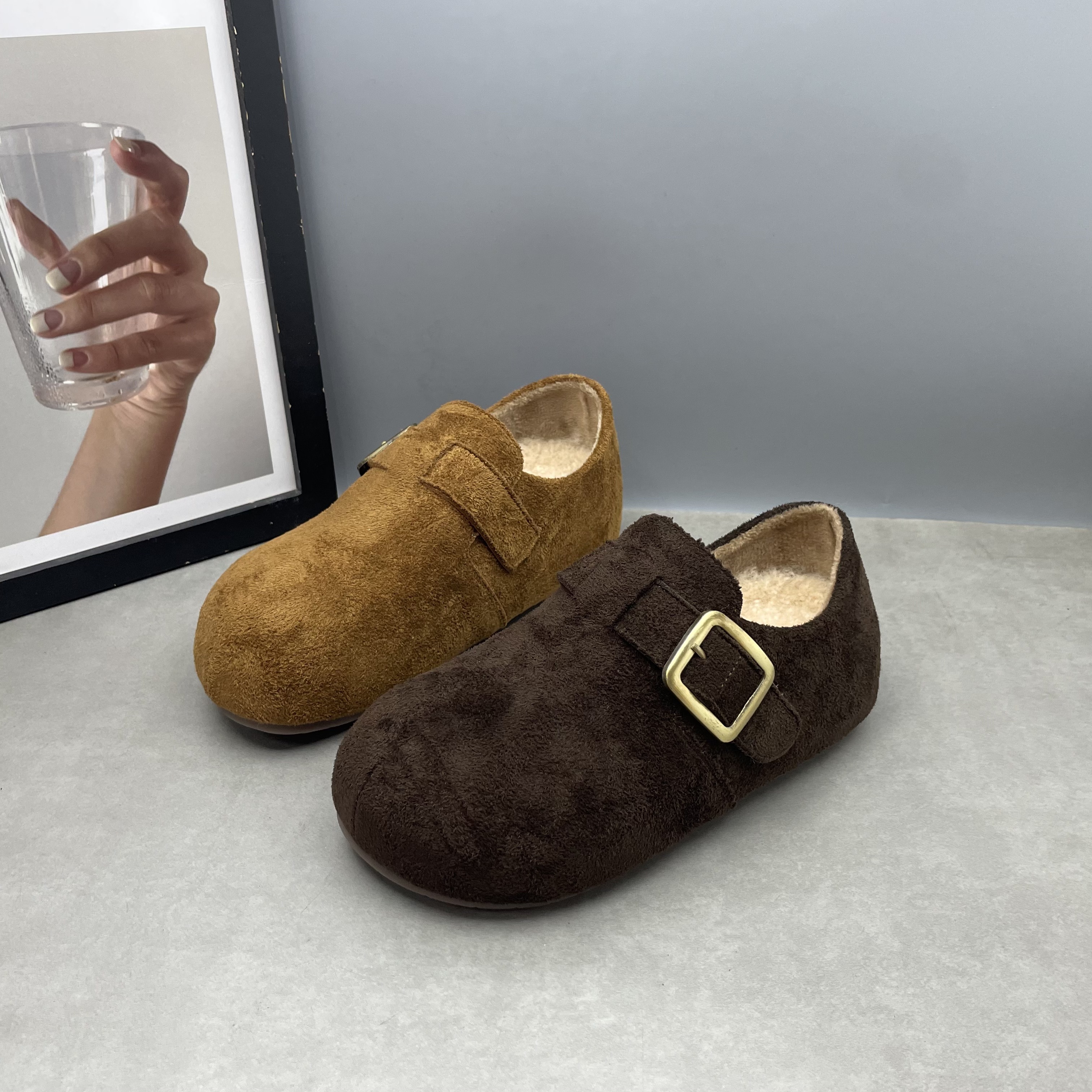 2025秋冬新款绒面勃肯鞋内增高厚底圆头一脚蹬加绒保暖时尚女棉鞋