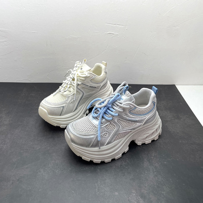 2026春季新款女鞋圆头深口系带网面透气增高厚底老爹鞋运动女单鞋