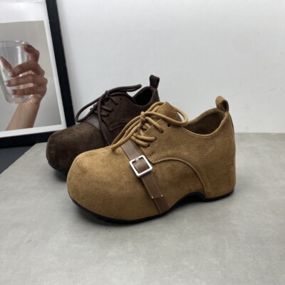 2025冬季新款女鞋圆头深口系带英伦风包跟厚底勃肯鞋加绒女士棉鞋