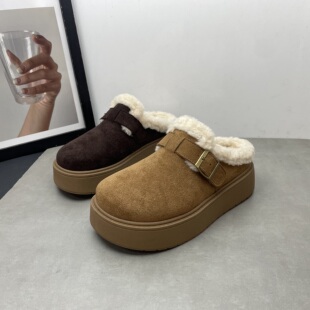 工厂断码处理女鞋2025冬季新款松糕厚底英伦风复古加绒包头女拖鞋