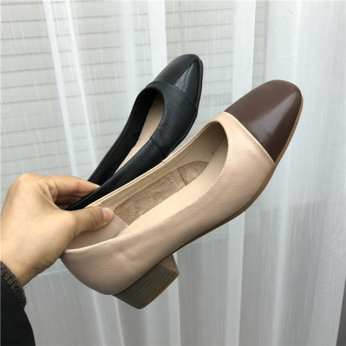 春季新款真皮女鞋方头浅口方跟牛皮套脚小香风女单鞋子奶奶鞋潮