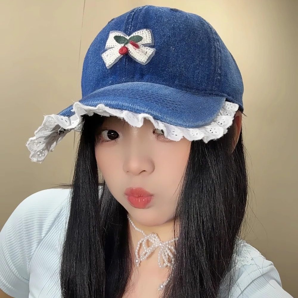 樱桃蕾丝边棒球帽大头围显脸小