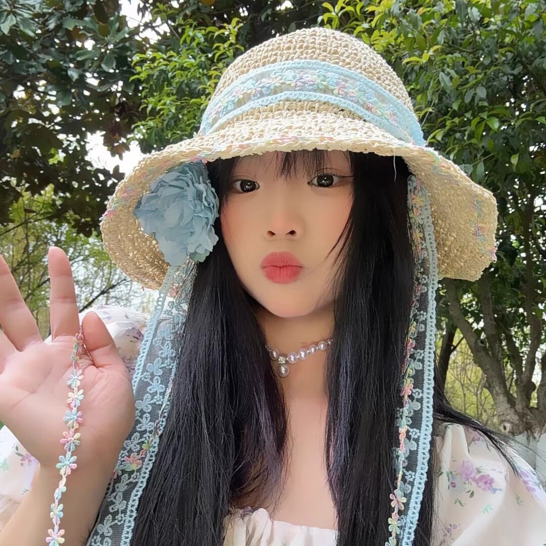 双飘带度假风花朵绑带草帽女夏季