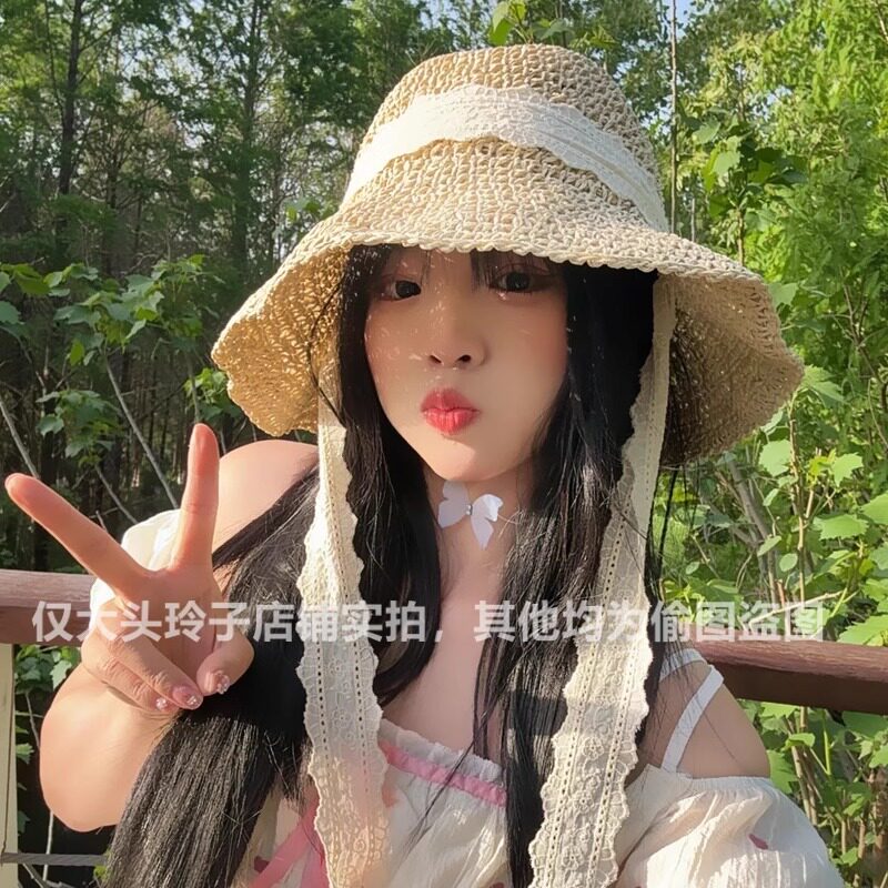 郁金香蝴蝶结飘带草帽女