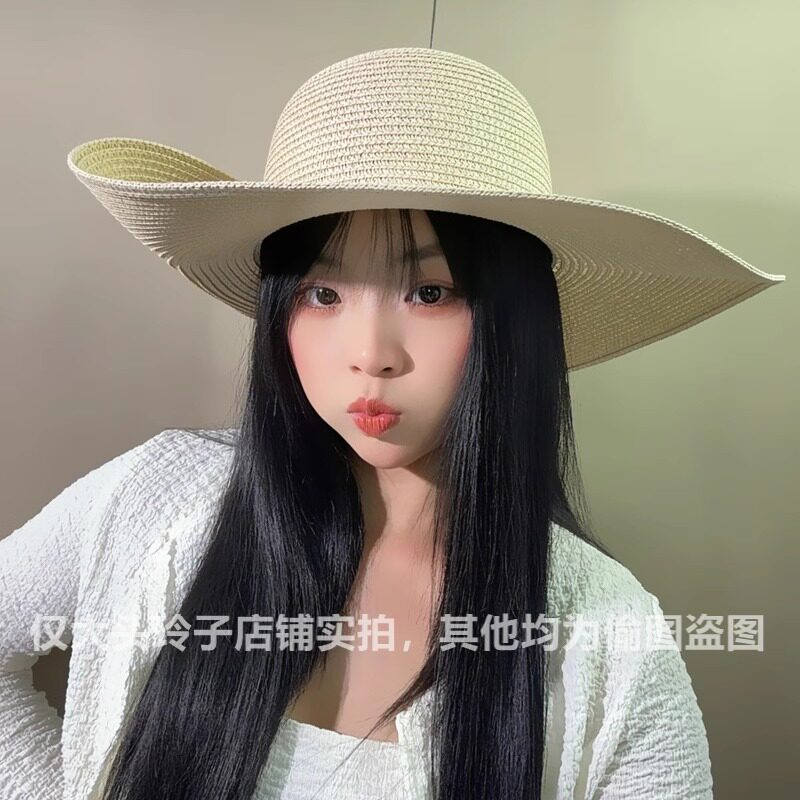 贝壳扣子草帽女夏法式赫本风大帽檐沙滩遮阳帽海边度假防晒太阳帽