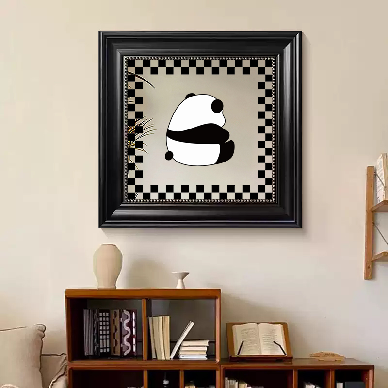可爱卡通熊猫客厅卧室化妆台镜子摆画黑白简约餐厅咖啡甜品店挂画