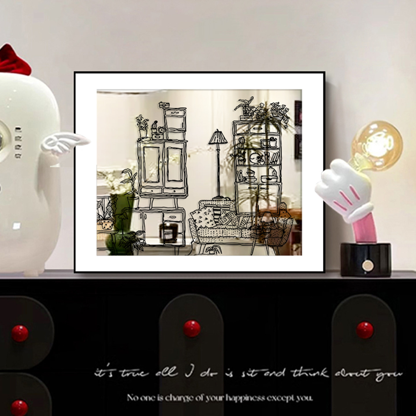 现代简约中古风线描室内场景镜子画手绘家居绿植镜面玄关创意挂画