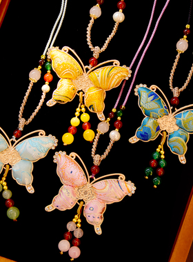 新款非遗仿宋锦双面蝴蝶项链女手工编织新中式毛衣链国风旗袍吊坠