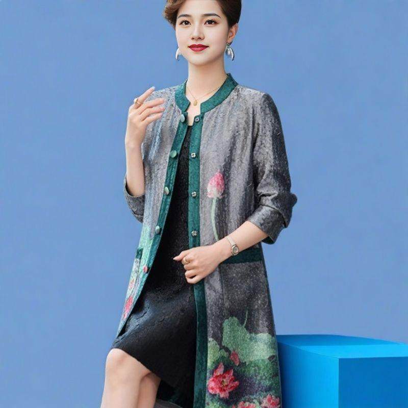 三宅褶皱俩面穿风衣女高贵春外套婚礼大码唐装真丝长款过膝妈妈装